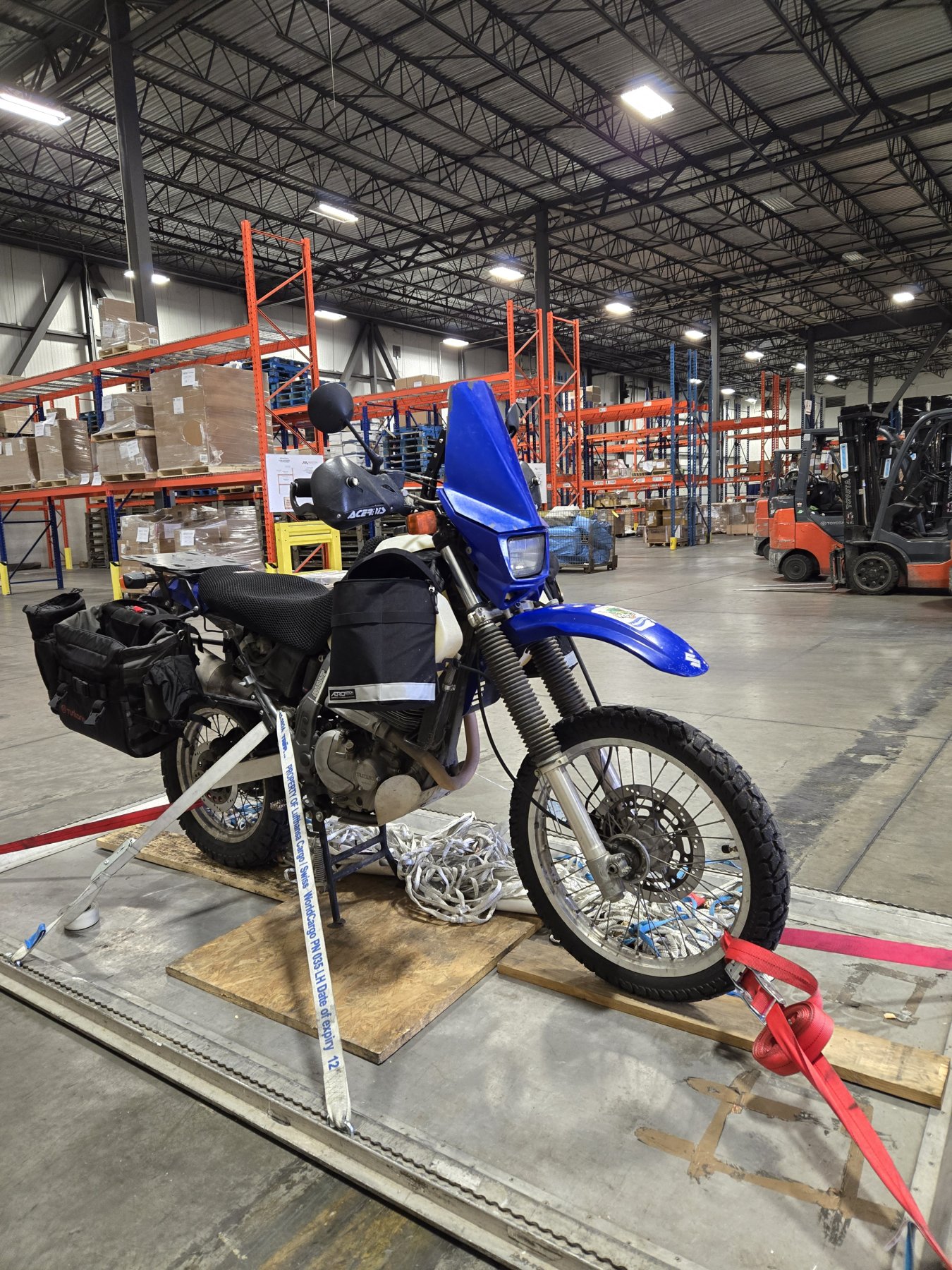 Motorcycle on shipping pallet, Montreal